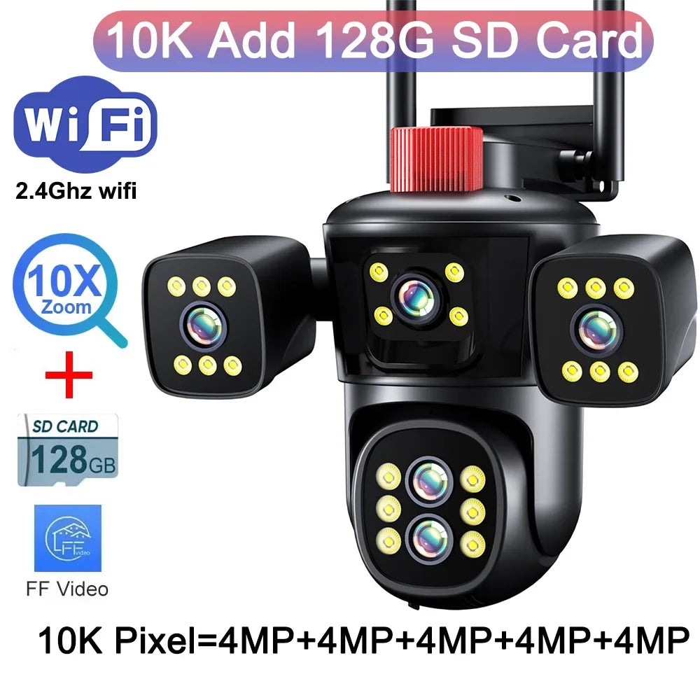 Caméra réseau WiFi 20MP 10K sans fil extérieur 10X Zoom quatre écrans cinq objectifs PTZ suivi automatique caméra de sécurité étanche CCTV