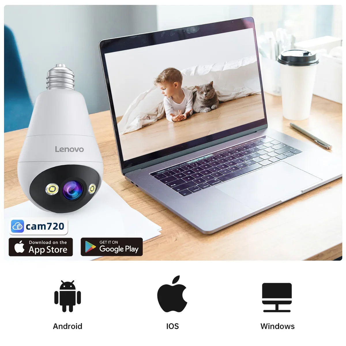 Lenovo 3MP E27 Bec IP WiFi Cameră de interior Camera de supraveghere video Color noapte Urmărire AI Smart Home Monitor pentru bebeluși Cameră CCTV