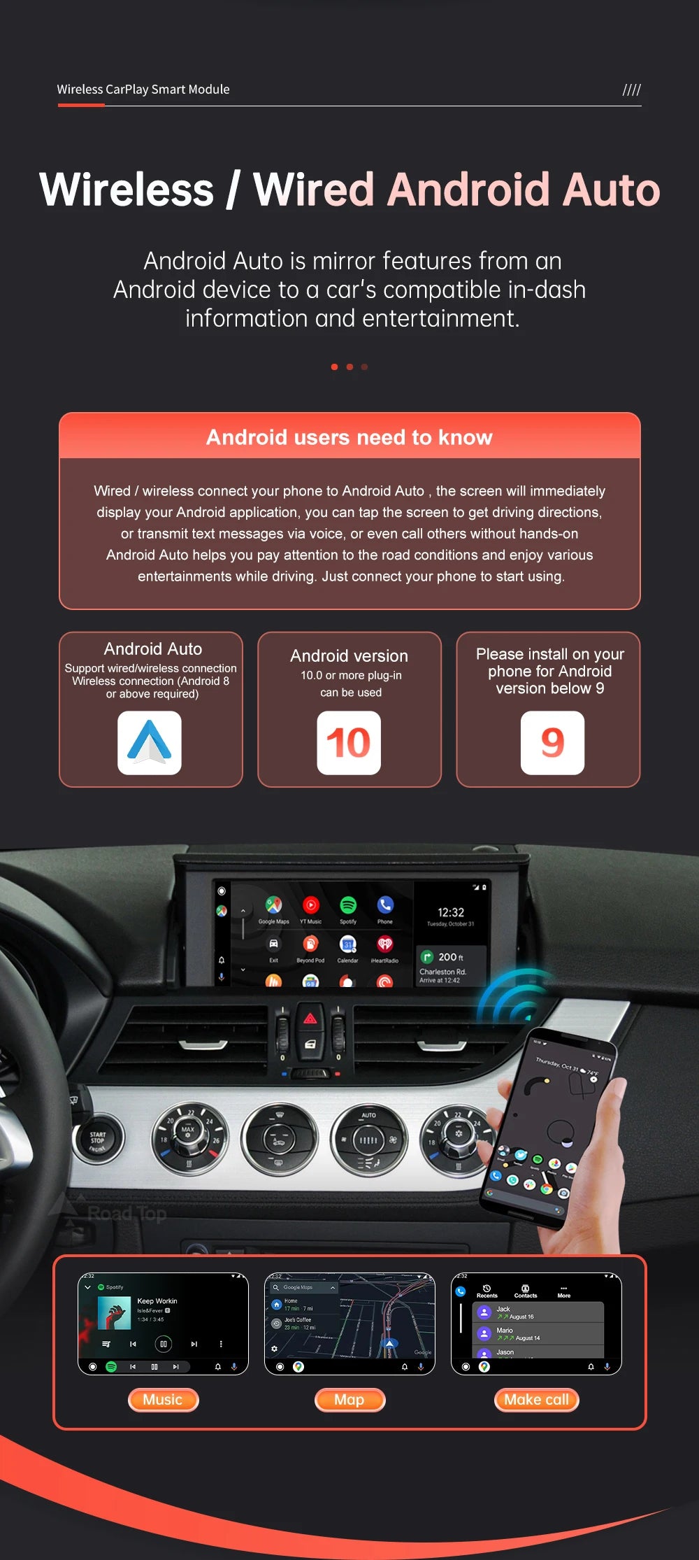 RoadTop Wireless CarPlay Android Auto pentru BMW Z4 E89 2009-2018 CIC EVO System, cu funcții Airplay Mirror Link Car Play