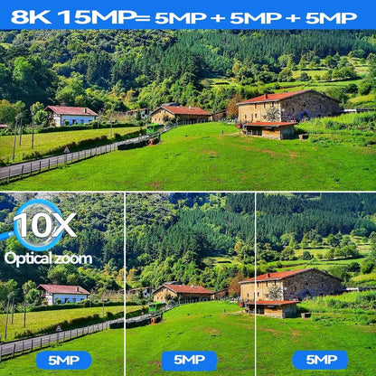 Cameră WIFI 8K UHD în aer liber Zoom optic 10X Urmărire automată PTZ Patru lentile Trei ecrane 15MP Cameră de securitate impermeabilă CCTV