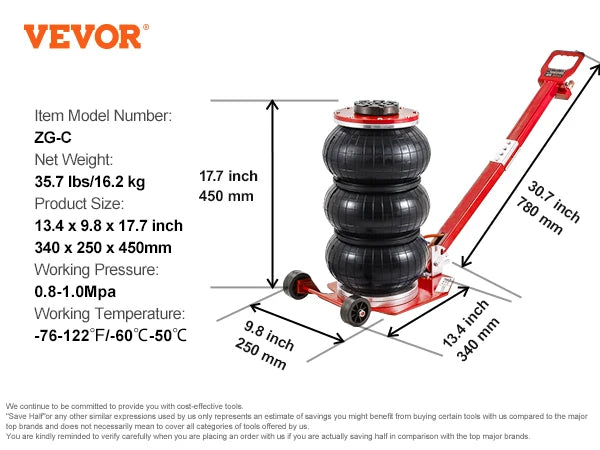 Cric pneumatique VEVOR, cric pneumatique à triple sac de 3 tonnes, cric pneumatique avec six tubes en acier, cric pneumatique à levage rapide 3-5 s, avec longue poignée réglable