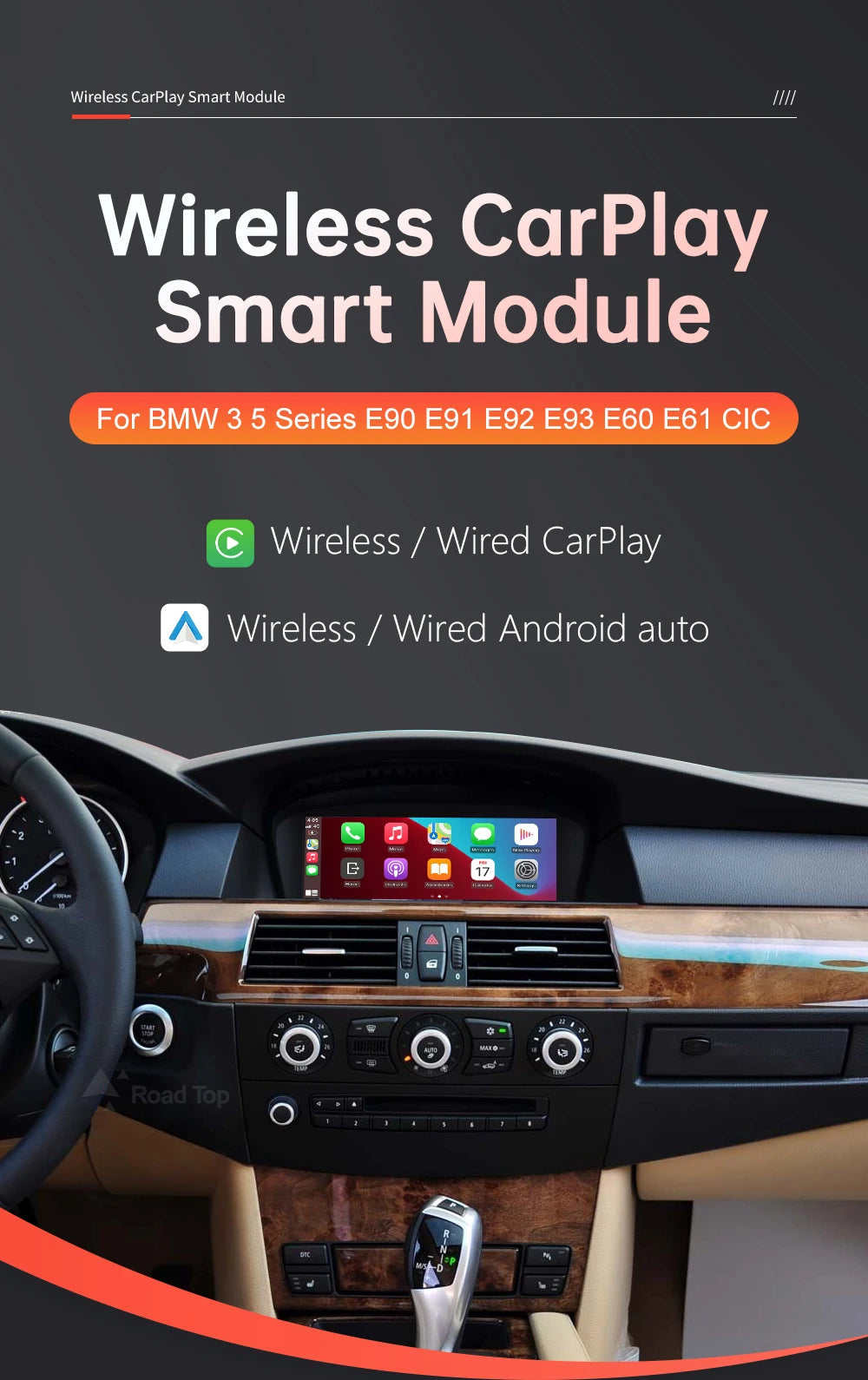 RoadTop Wireless CarPlay Android Auto pentru BMW Seria 3 E90 E91 E92 E93 Seria 5 E60 E61 2008-2013 cu funcție AirPlay Car Play