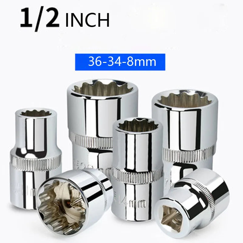 1/2inch Drive 12 Point Wrench Head CR-V Alloy Mirror Rustproof Ratchet Wrench Socket 8-36mm Short Torx Socket For Nut Removal