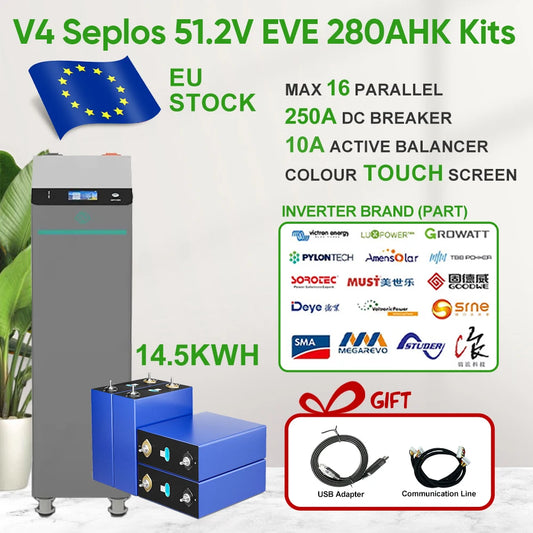 Poland Stock V4 Seplos 14.5KWH Lifepo4 Battery Kits  EVE280K Grade A+ With 10A Active Balancer Home Solar CAN RS485 Free To EU