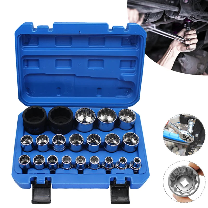 21pcs 1/2 Torx Sockets Set Ratchet Wrench Tool 12 Point 8-36mm Car Repair Tool Wrench Head Nut Removing Tool