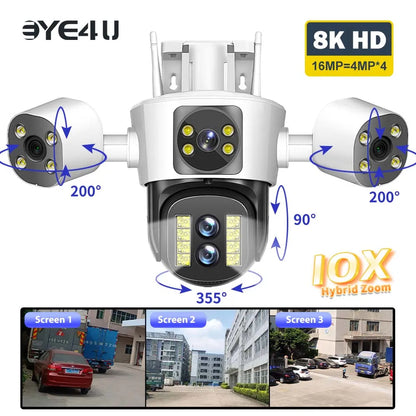 Cameră de securitate 8K 16MP WiFi Zoom 10X Ecrane triple cu patru lentile Cameră PTZ în aer liber Urmărire automată Camere de supraveghere video CCTV