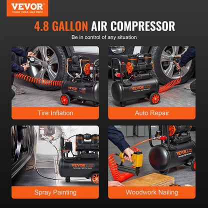 VEVOR 900w Air Compressor 90PSI Oil Free Air Compressor 70dB Ultra Quiet Compressor for Auto Repair/Tire Inflation/Spray Paint