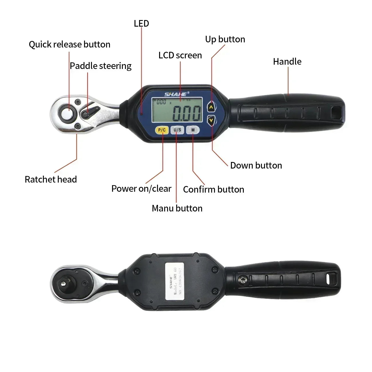 Shahe 1/4'' 3/8'' 1/2'' Mini Torque Wrench Bidirectional Ratchet Head Adjustable Torque Wrench Digital