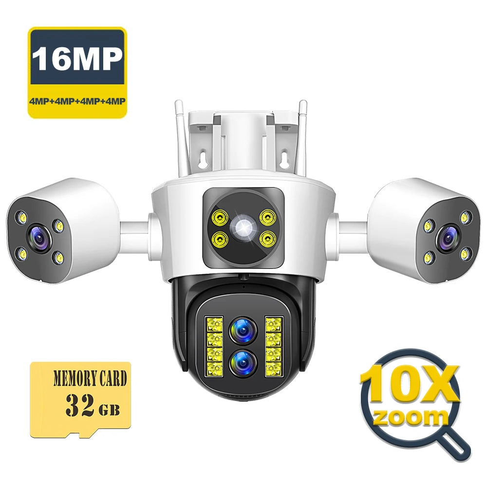 Cameră de securitate 8K 16MP WiFi Zoom 10X Ecrane triple cu patru lentile Cameră PTZ în aer liber Urmărire automată Camere de supraveghere video CCTV