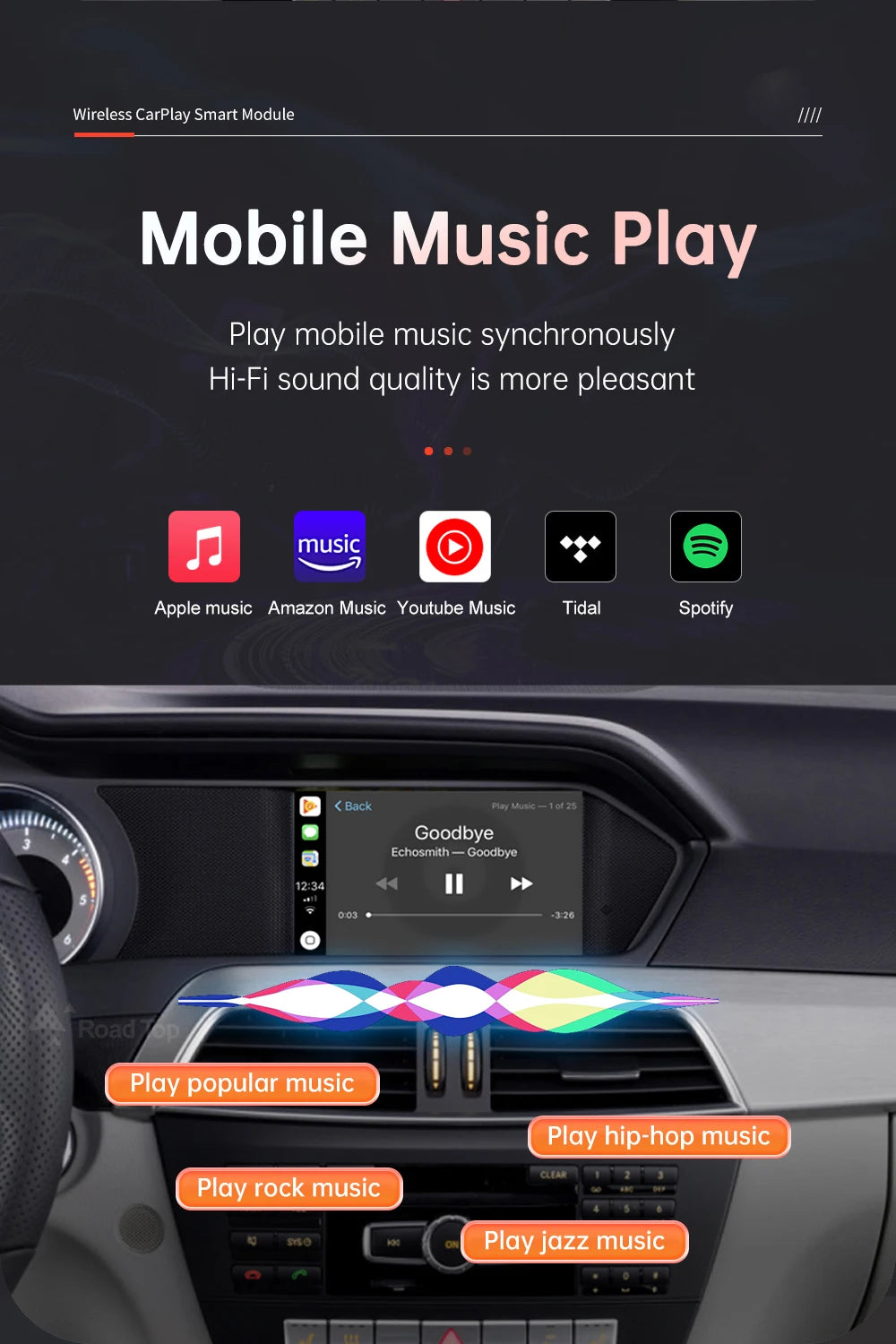 Road Top Wireless Carplay Android Auto for Mercedes Benz C-Class W204 2011-2014 NTG4.5/NTG4.7 with Mirror Link AirPlay Functions