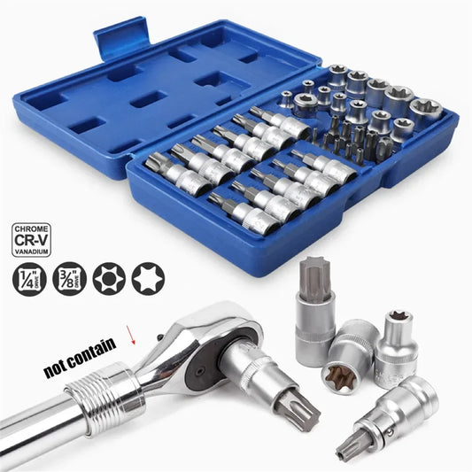 Torx Star Sockets & Bit Set Male / Female E-Security Bits Drive Handheld Tool Torque Star Socket work Hand Tools New 34Pcs