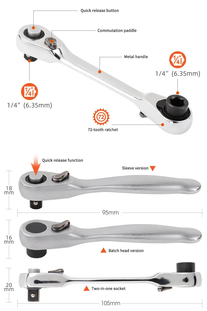 Mini treble 1/4 Ratchet Wrench Double Ended Quick Socket Ratchet Wrench Screwdriver Hex Torque Wrenches Set Spanner