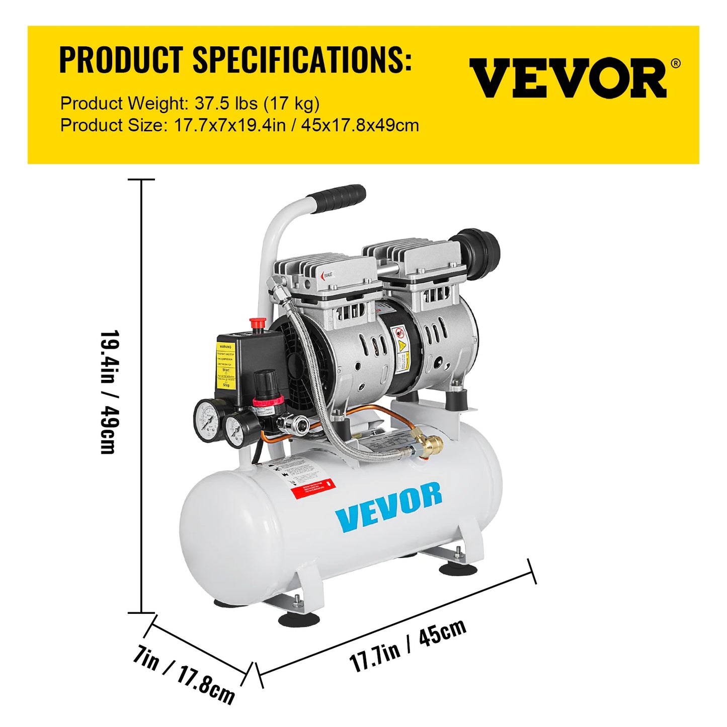 VEVOR Air Compressor 2Gal Ultra Quiet Oil-free Air Compressor 9L Tank Silent Air Compressor 550W Low noise w/ Pure Copper Motor