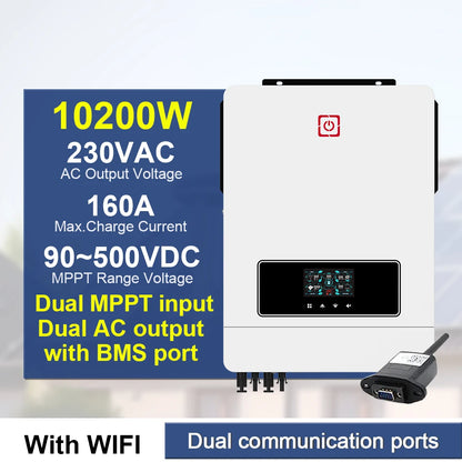 Dual Output On/Off Grid Solar Inverter4.2KW 24V 6.2KW 48V10.2KW With BMS Ports Dual MPPT PV Input Pure Sine Wave Hybrid Inverter