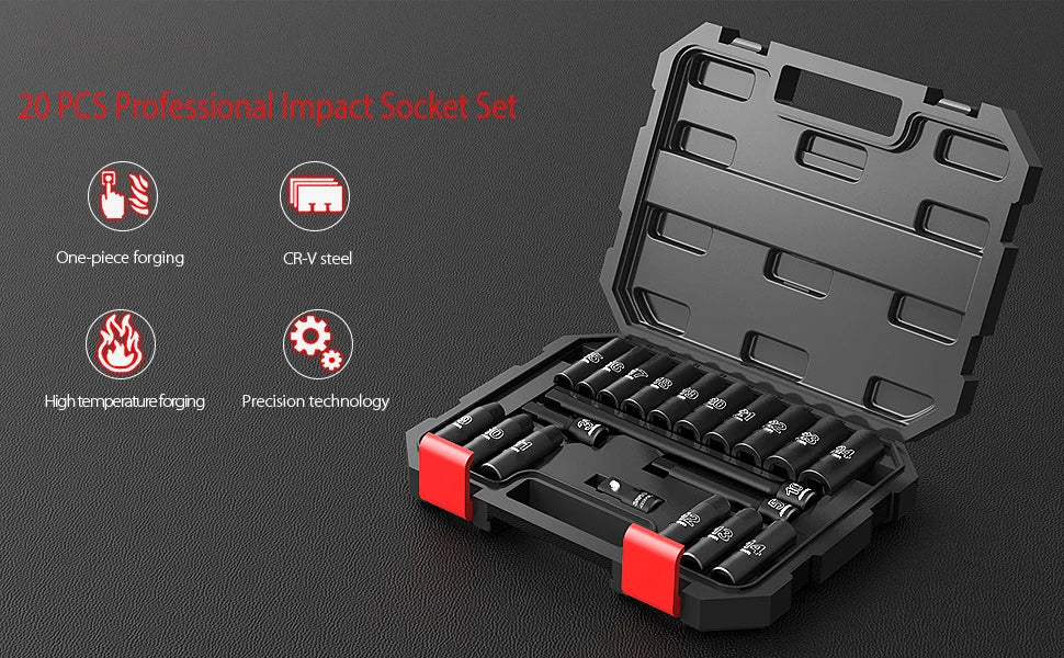 20pcs 1/2" Drive Metric Impact Socket Set Universal Socket Metric Drive Deep Socket Set Wrench for Air Pneumatic Repair Tools