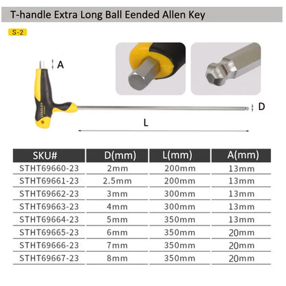 Stanley Extra Long T handle Allen keys Set 8mm 7mm 6mm 5mm 4mm 3mm 2.5mm 2mm Hexagonal Key Ball Tips Professional Screwdriver