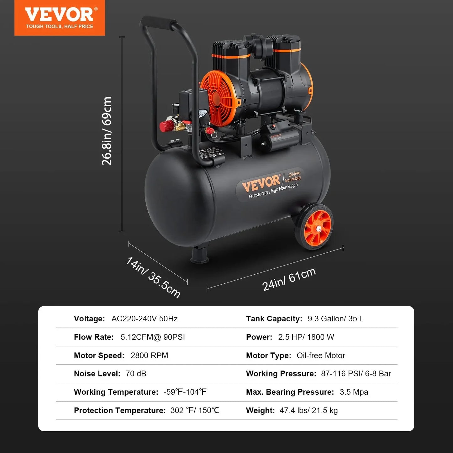 Compresseur d'air silencieux VEVOR 9L 18L 24L 35L Pompe à air portable silencieuse sans huile pour réparation à domicile Gonflage des pneus Compresseur Whisper