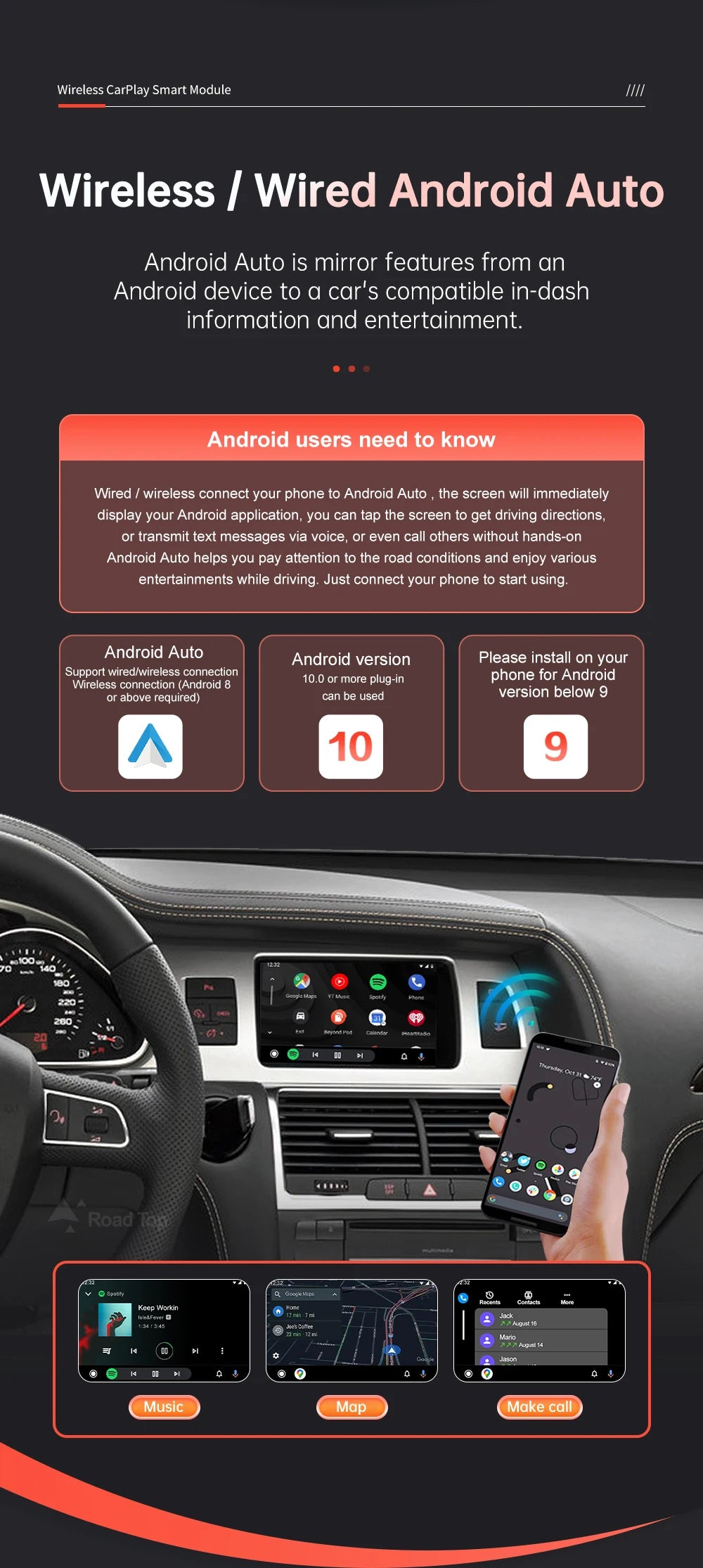 Road Top Wireless CarPlay Android Auto Interface For Audi Q7 2010-2015 with AirPlay Mirror Link Car Play Functions