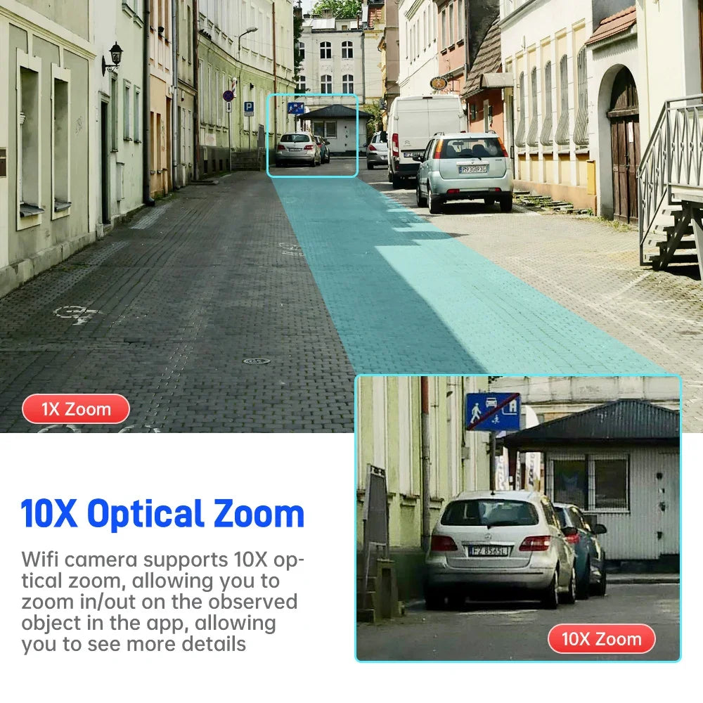 Cameră WIFI 8K UHD în aer liber Zoom optic 10X Urmărire automată PTZ Patru lentile Trei ecrane 15MP Cameră de securitate impermeabilă CCTV