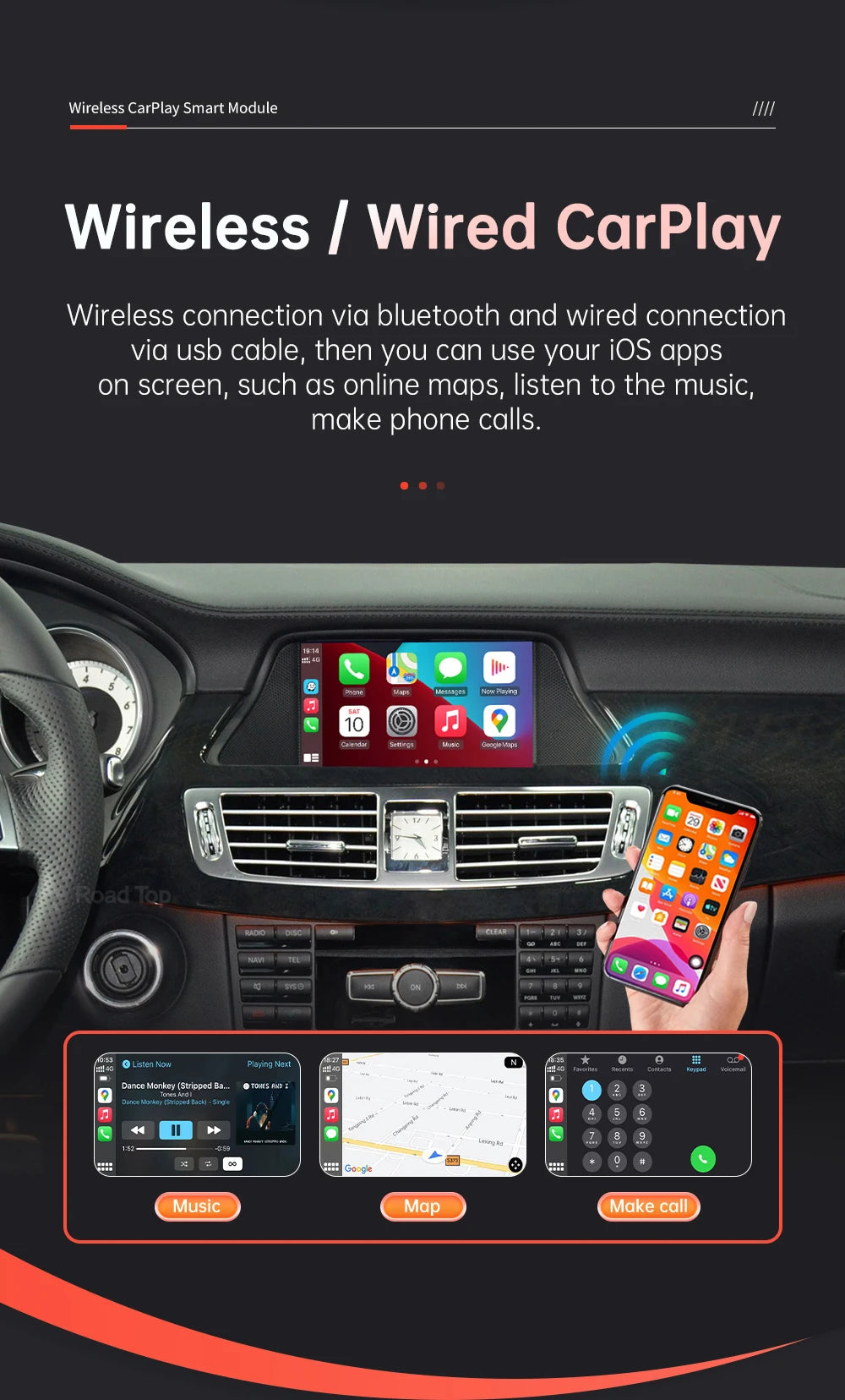 Road Top Wireless CarPlay Android Auto for Mercedes Benz CLS W218 2011-2015 with Mirror Link AirPlay Rear Camera Functions