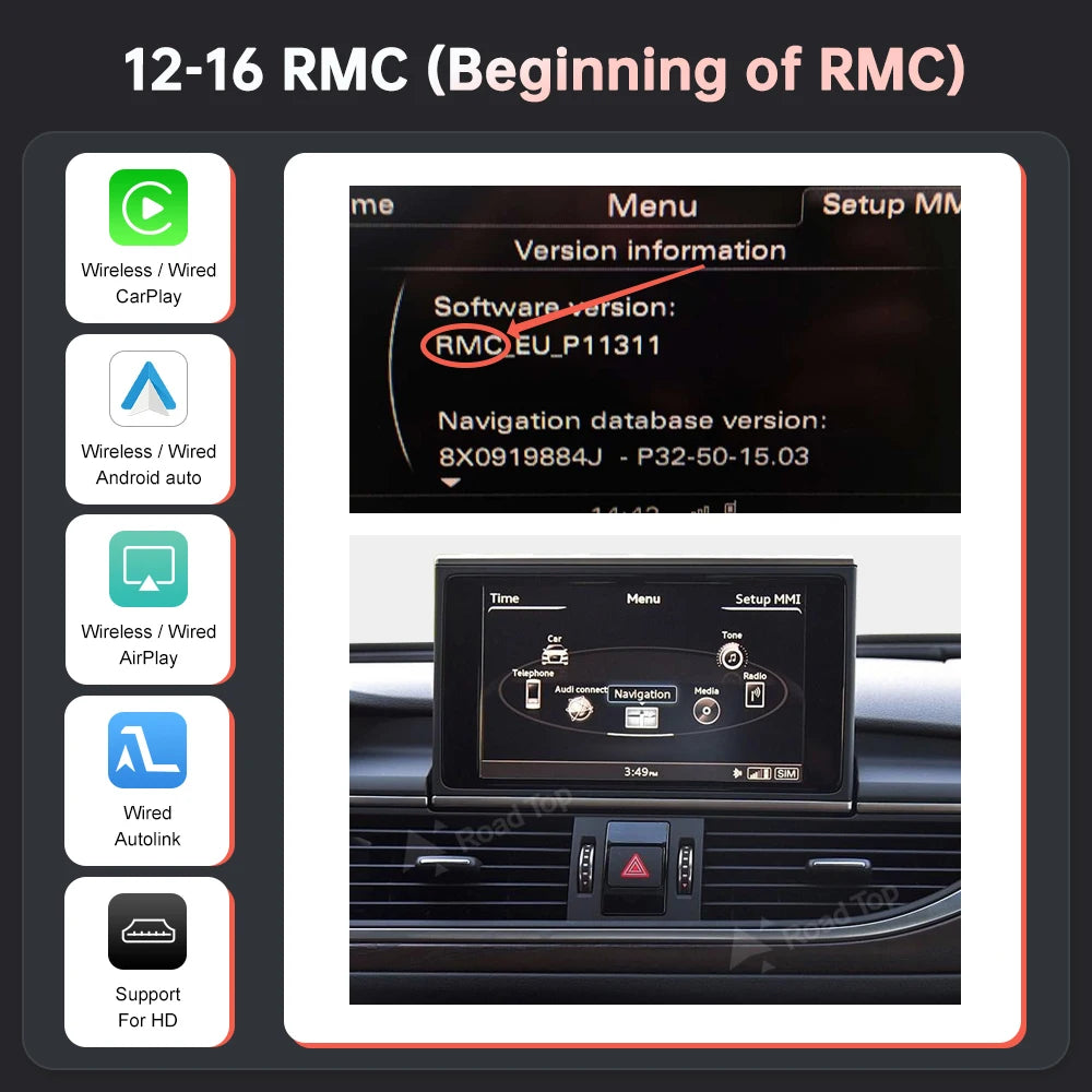 Road Top Wireless CarPlay for Audi A6 A7 2012-2018,with Android Auto Mirror Link AirPlay Bluetooth Rear Camera GPS Navigation