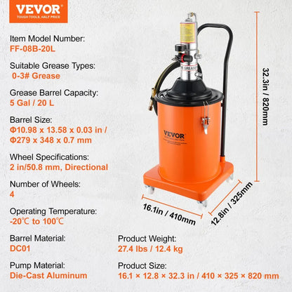 VEVOR 3/5/10.5 Gallon Grease Pump Air Operated with Hose Pneumatic Grease Bucket Gun and Wheels for Cars 50:1 Pressure Ratio