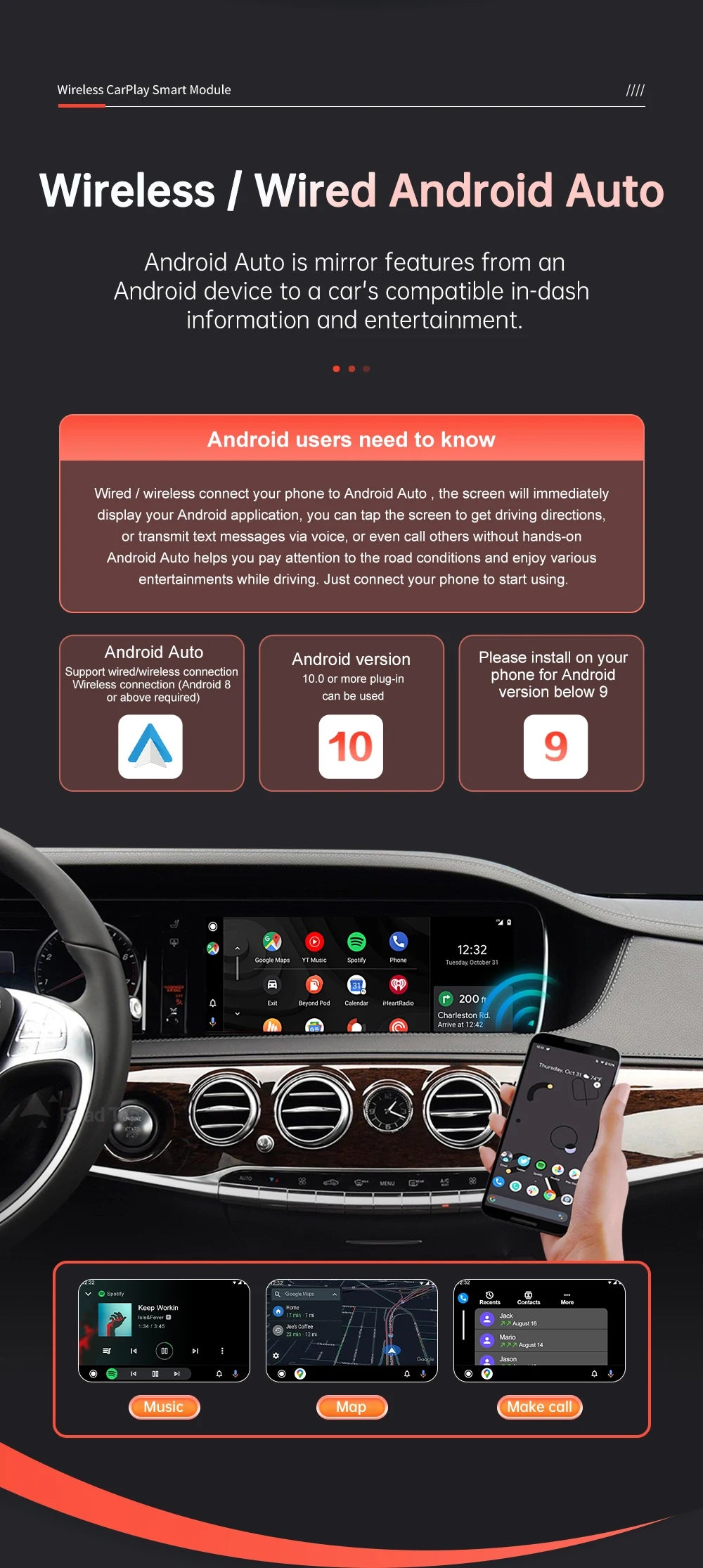 Wireless CarPlay for Mercedes Benz S-Class W222 W217 2014-2018 with Android Auto Mirror Link AirPlay Car Play Functions