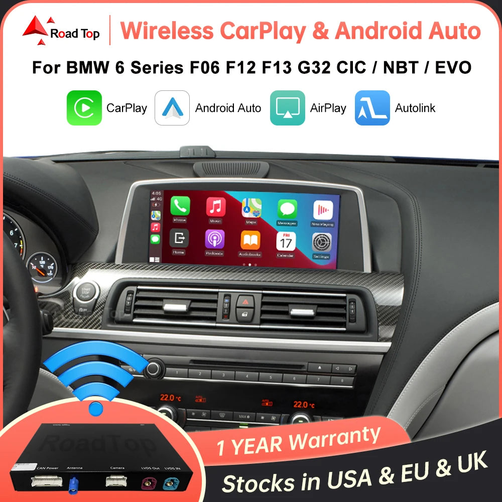 Road Top Wireless CarPlay pentru BMW Seria 6 F06 F12 F13 G32 2010-2020 CIC NBT EVO cu Android Auto Mirror Link Funcții AirPlay