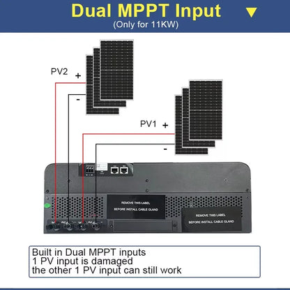 Onduleur solaire hybride à double entrée MPPT PV 11 kW 48 V CC 230 V CA à onde sinusoïdale pure Contrôleur de charge 150 A intégré Jusqu'à 6 unités en parallèle