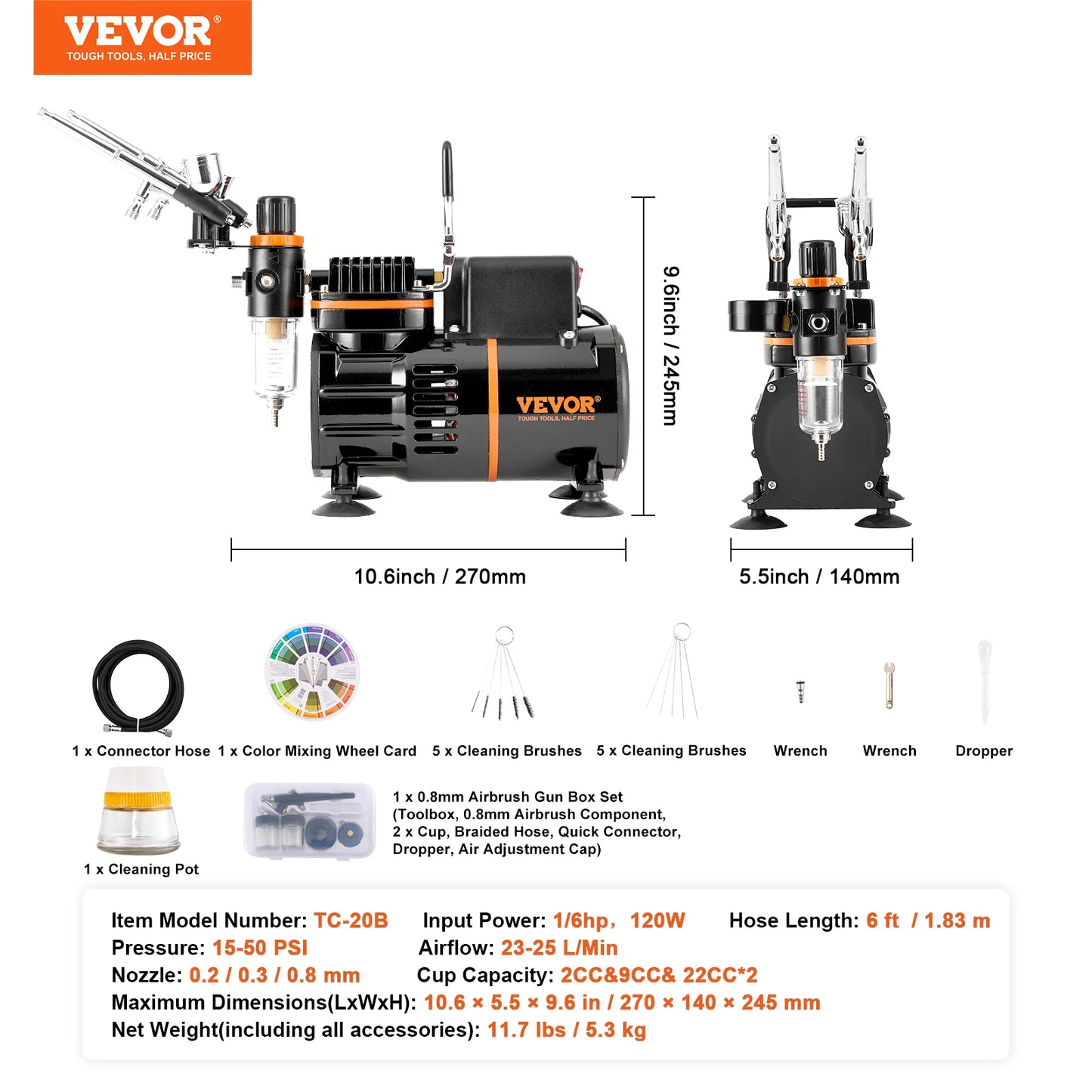 Kit aérographe VEVOR, compresseur d'air à double ventilateur, kit de système d'aérographe professionnel avec aérographes, roue de mélange, ensemble de brosses de nettoyage