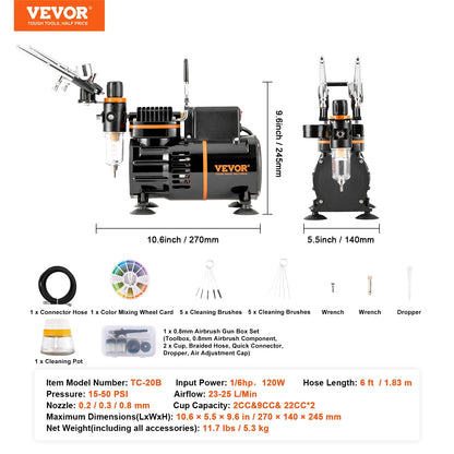 Kit aérographe VEVOR, compresseur d'air à double ventilateur, kit de système d'aérographe professionnel avec aérographes, roue de mélange, ensemble de brosses de nettoyage