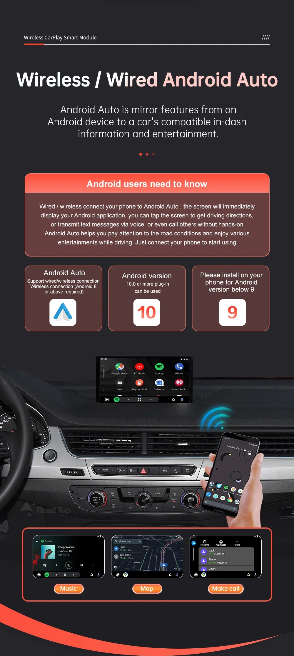 Road Top Wireless CarPlay Android Auto for Audi Q7 2016-2019 with Mirror Link AirPlay Reverse Camera Car Play Functions