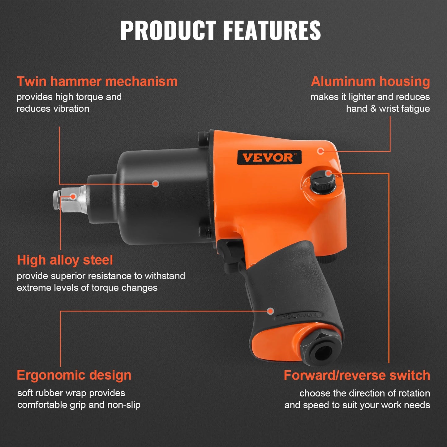 VEVOR Air Impact Wrench 1/2 inch Drive Air Impact Gun Up to 880ft-lbs 7500RPM Pneumatic Tool for Auto Repairs and Maintenance