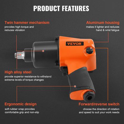 VEVOR Air Impact Wrench 1/2 inch Drive Air Impact Gun Up to 880ft-lbs 7500RPM Pneumatic Tool for Auto Repairs and Maintenance