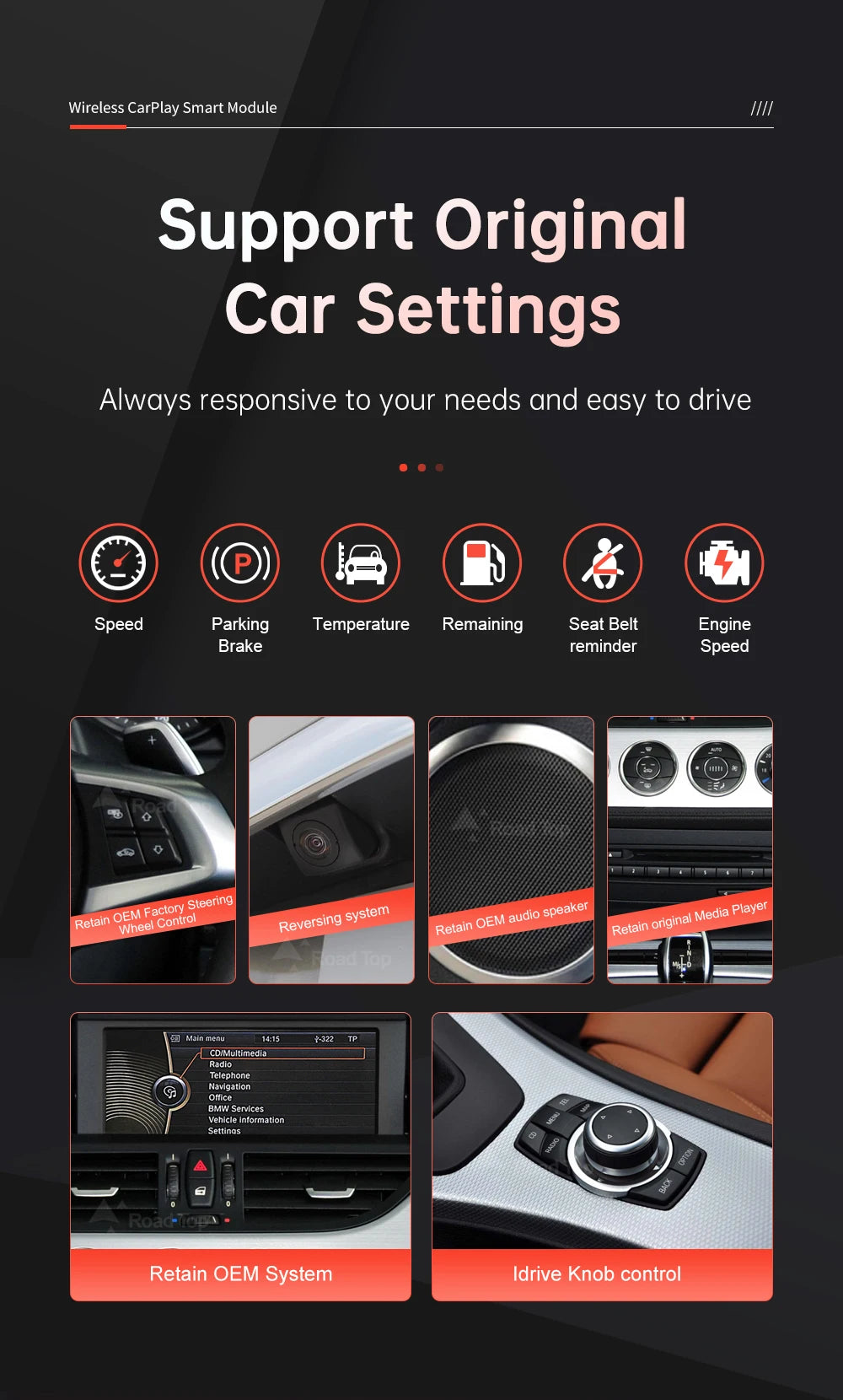 RoadTop Wireless CarPlay Android Auto pentru BMW Z4 E89 2009-2018 CIC EVO System, cu funcții Airplay Mirror Link Car Play