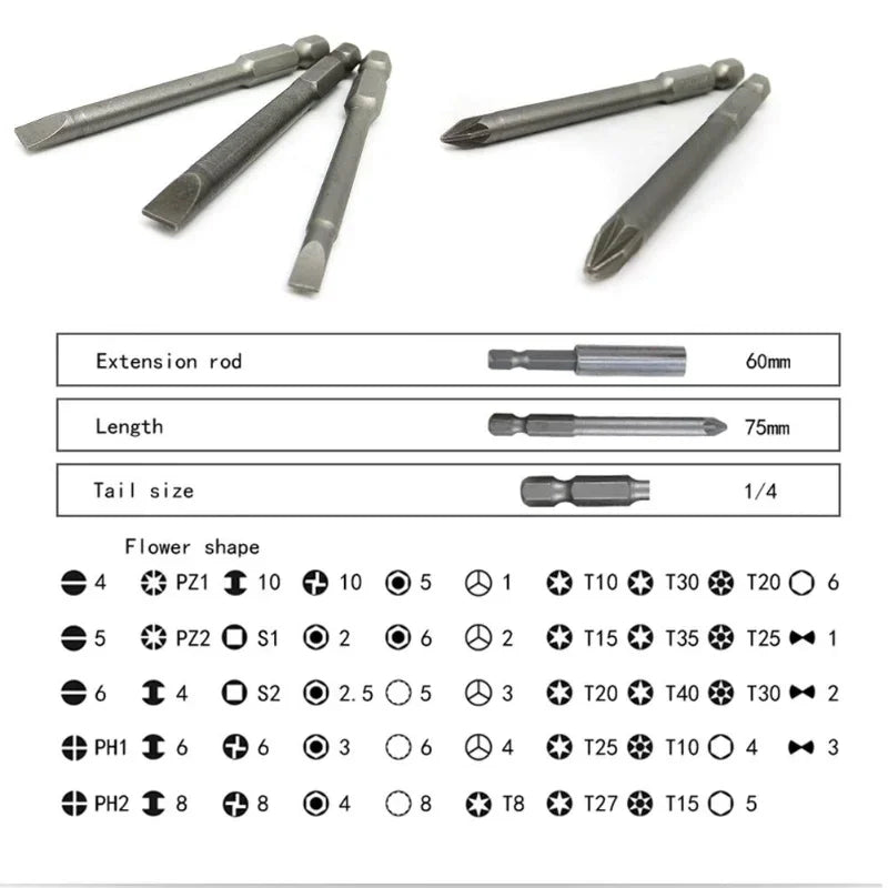 50/36pcs 75mm Extra Long Reach Bit Set Security Magnetic Screwdriver Bits Torx Star Hex Bit Security Bit Set CRV Screwdriver Bit