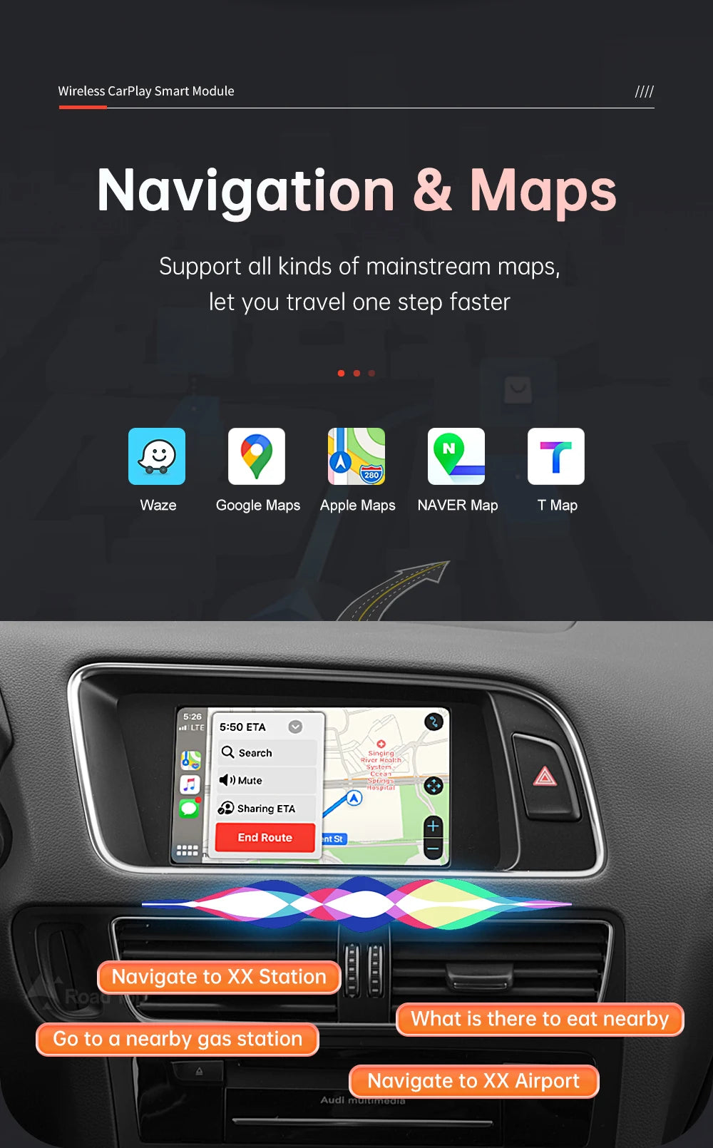 Road Top Wireless Carplay Module For Audi Q5 2009-2017, with Android Auto Airplay Mirror Link USB Player Rear Camerm Functions