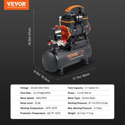 VEVOR Air Compressor, 9L 18L 24L 35L Oil Free Air Compressor Tank  116PSI Pressure, 70 dB Ultra Quiet Compressor for Auto Repair