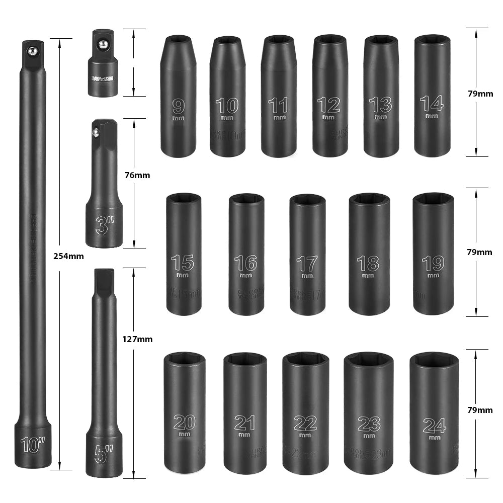 20pcs 1/2" Drive Metric Impact Socket Set Universal Socket Metric Drive Deep Socket Set Wrench for Air Pneumatic Repair Tools