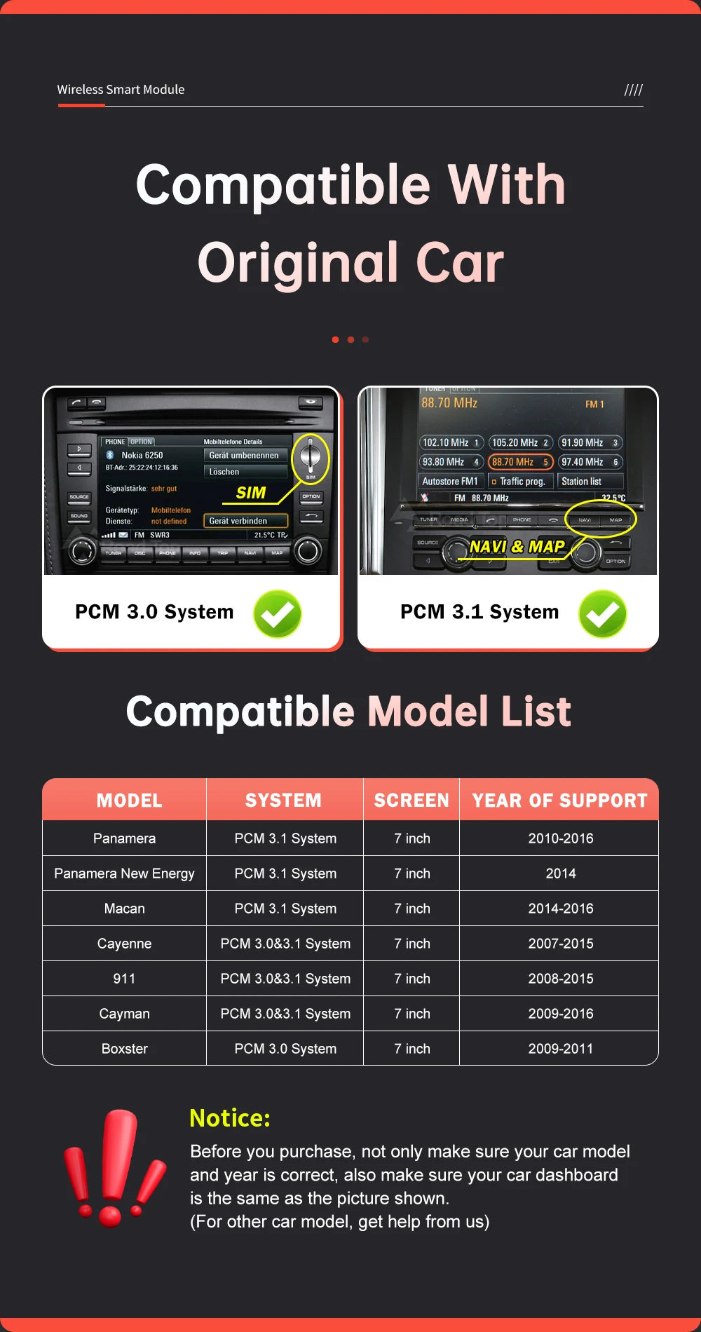 RoadTop Wireless CarPlay Android Auto pentru Porsche Boxster 718 Macan Cayman Cayenne 911/918 PCM3.0 3.1 2008-2015 cu Mirror Link