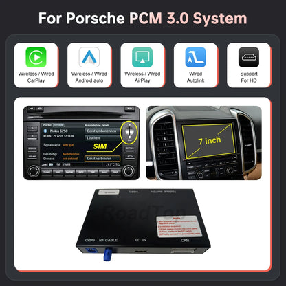 RoadTop Wireless CarPlay Android Auto pentru Porsche Boxster 718 Macan Cayman Cayenne 911/918 PCM3.0 3.1 2008-2015 cu Mirror Link