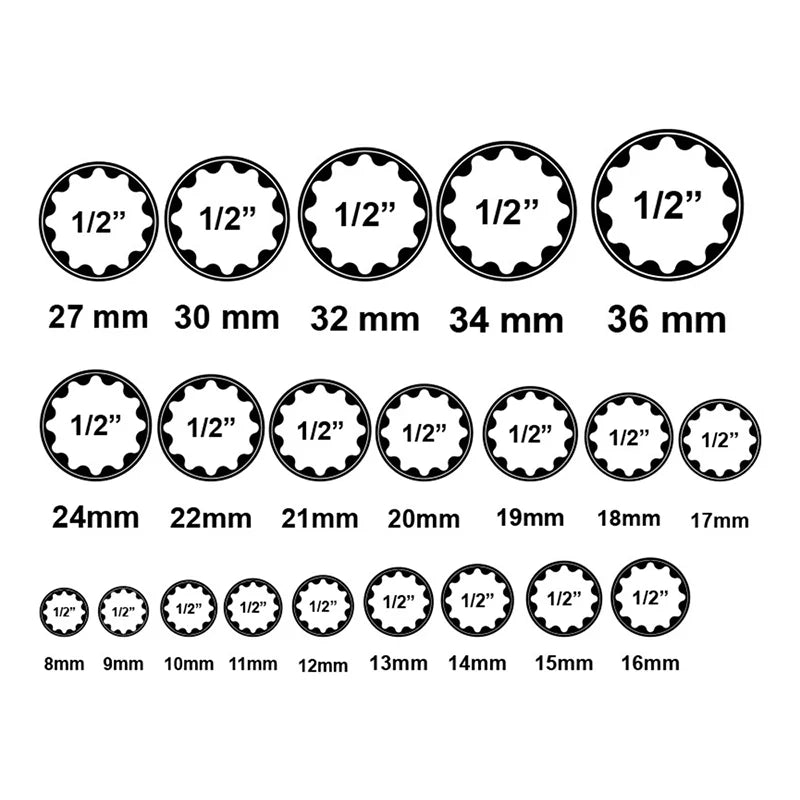 21pcs 1/2 Torx Sockets Set Ratchet Wrench Tool 12 Point 8-36mm Car Repair Tool Wrench Head Nut Removing Tool