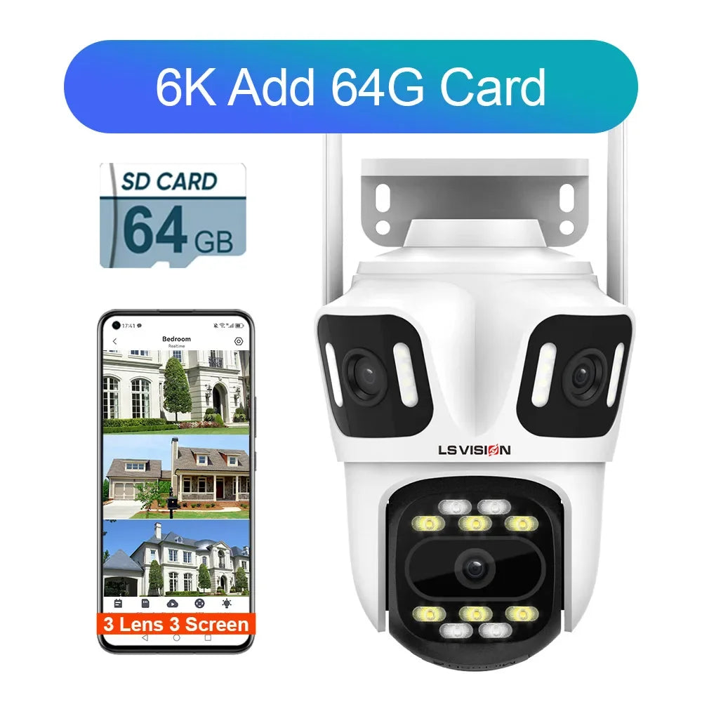 LS VISION 6K 12MP Trei ecrane WiFi IP Cameră de exterior Trei lentile Urmărire automată umană Camere de supraveghere rezistente la apă Aplicația iCSee