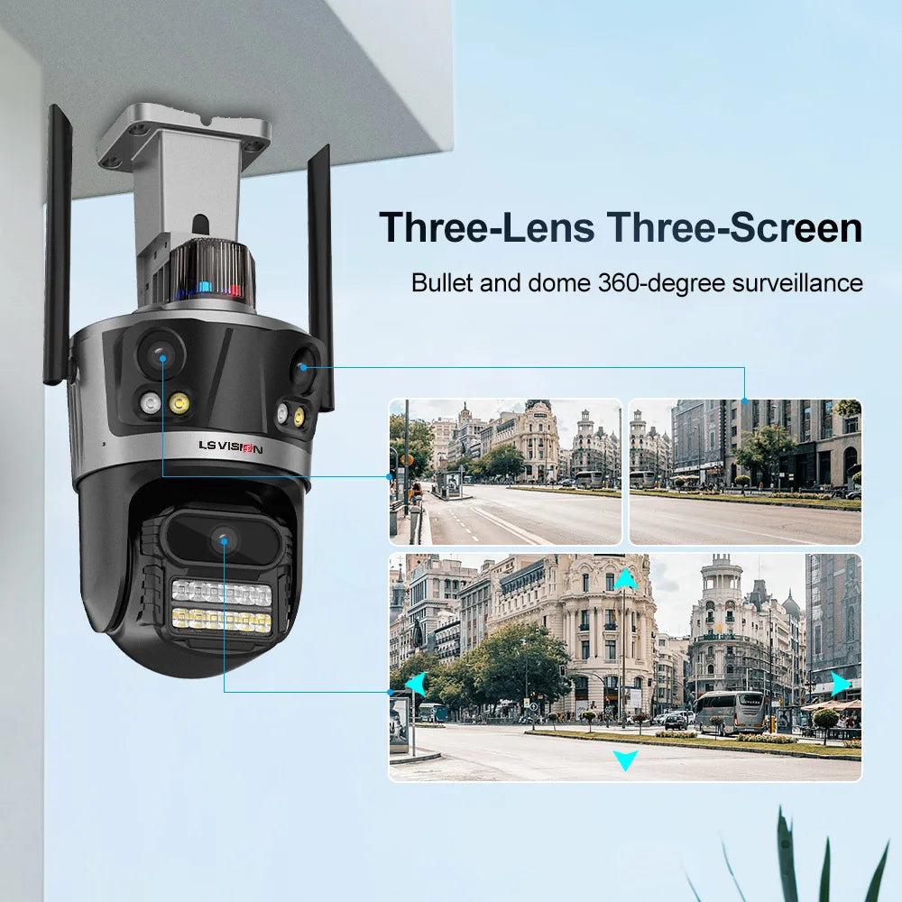 LS VISION 12MP 6K Three Screen IP Camera Outdoor WiFi PTZ Auto Tracking Security Video Surveillance iCSee Red Blue Light Alarm