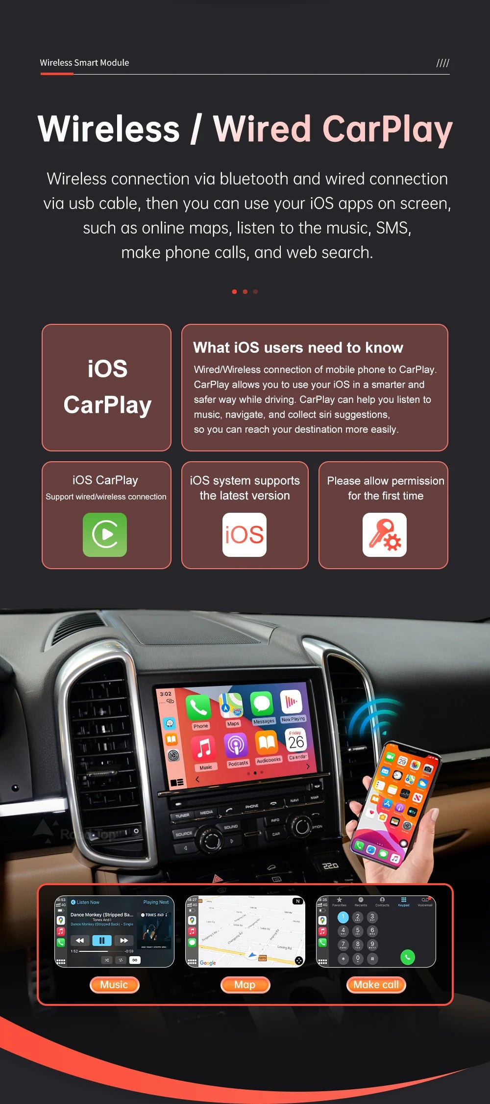 RoadTop Wireless CarPlay Android Auto pentru Porsche Boxster 718 Macan Cayman Cayenne 911/918 PCM3.0 3.1 2008-2015 cu Mirror Link