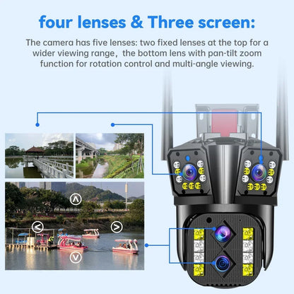 Outdoor WIFI IP Camera 16MP 8K HD 10X Optical Zoom Automatic Tracking PTZ Four Lens Three Screen Waterproof Security Camera CCTV