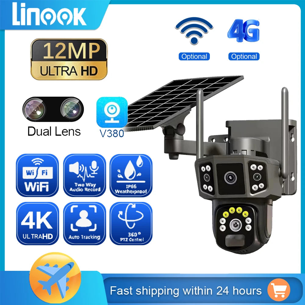 Linook V380 Pro CCTV 4K cameră de rețea de securitate în aer liber wireless WIFI televiziune solară cu circuit închis, cameră solară 4G sim