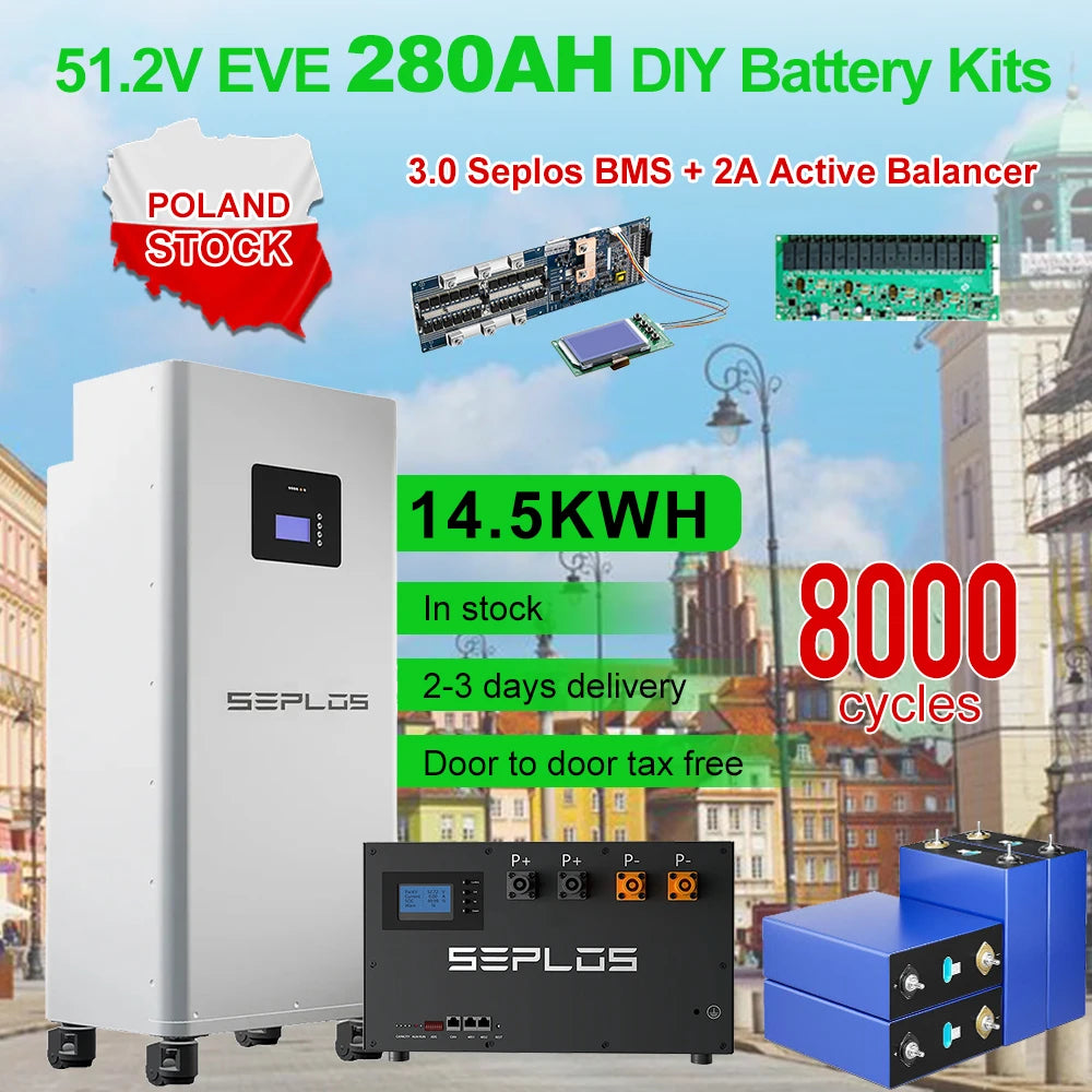 Polonia Lifepo4 14.5KWH EVE280K GradeA+ 8000 de cicluri 3.0 Seplos Kit de baterii DIY Pachet de baterii Fără echilibru activ Solar de acasă