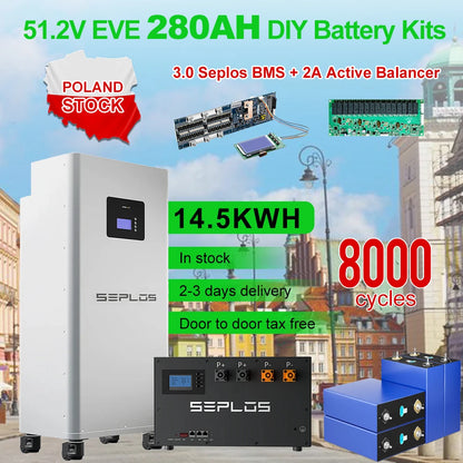 Polonia Lifepo4 14.5KWH EVE280K GradeA+ 8000 de cicluri 3.0 Seplos Kit de baterii DIY Pachet de baterii Fără echilibru activ Solar de acasă