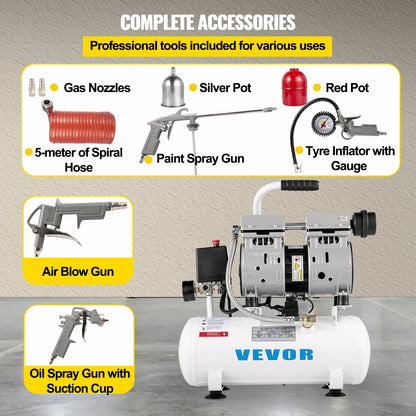 VEVOR 9L/30L Silent Air Compressor With Spray Gun Air Blow Gun Oil Free Air Compressor Pump For Homeuse Repair Tire Inflation